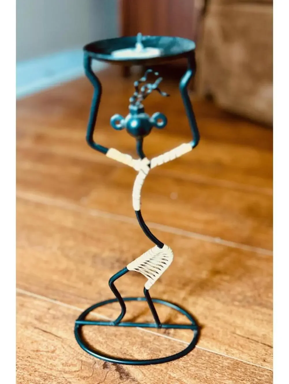 African Dancing Tribal Art Handcrafted Metal and Wicker Candle Holder